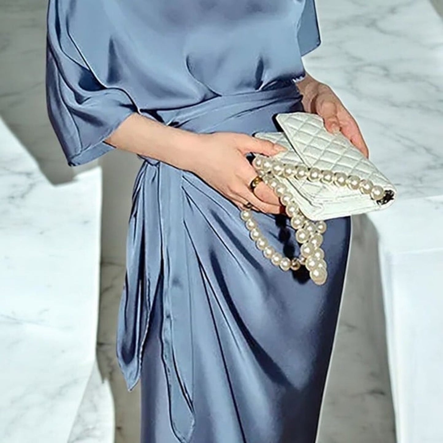 Fehaute-Blue Short Sleeve Satin A-Line Tie Waist Midi Dress