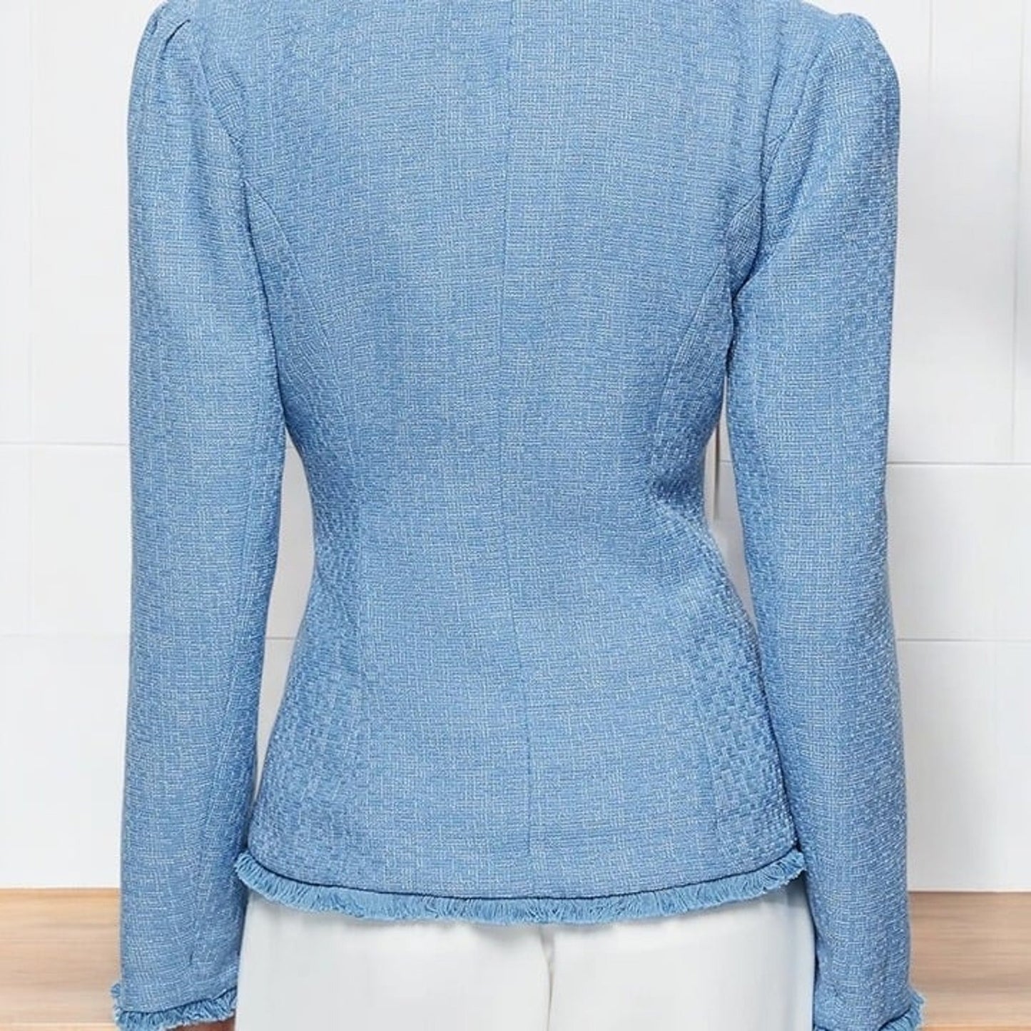 Fehaute-Women Blue Lapel Collar Buckle Tweed Blazer With Pockets Light Blue