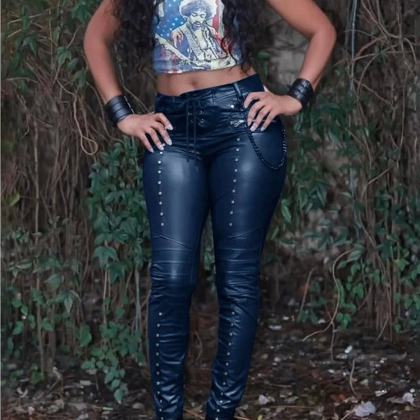 Stylish Blue Faux Leather Pants with Stud Details