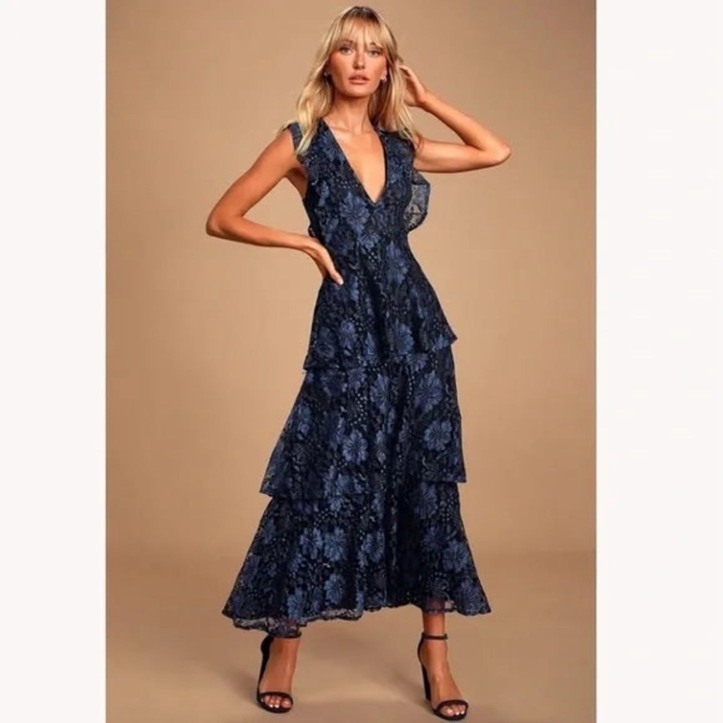 Lulu's Blue and Black Maxi Sundress with V-Neck and Flutter Sleeves