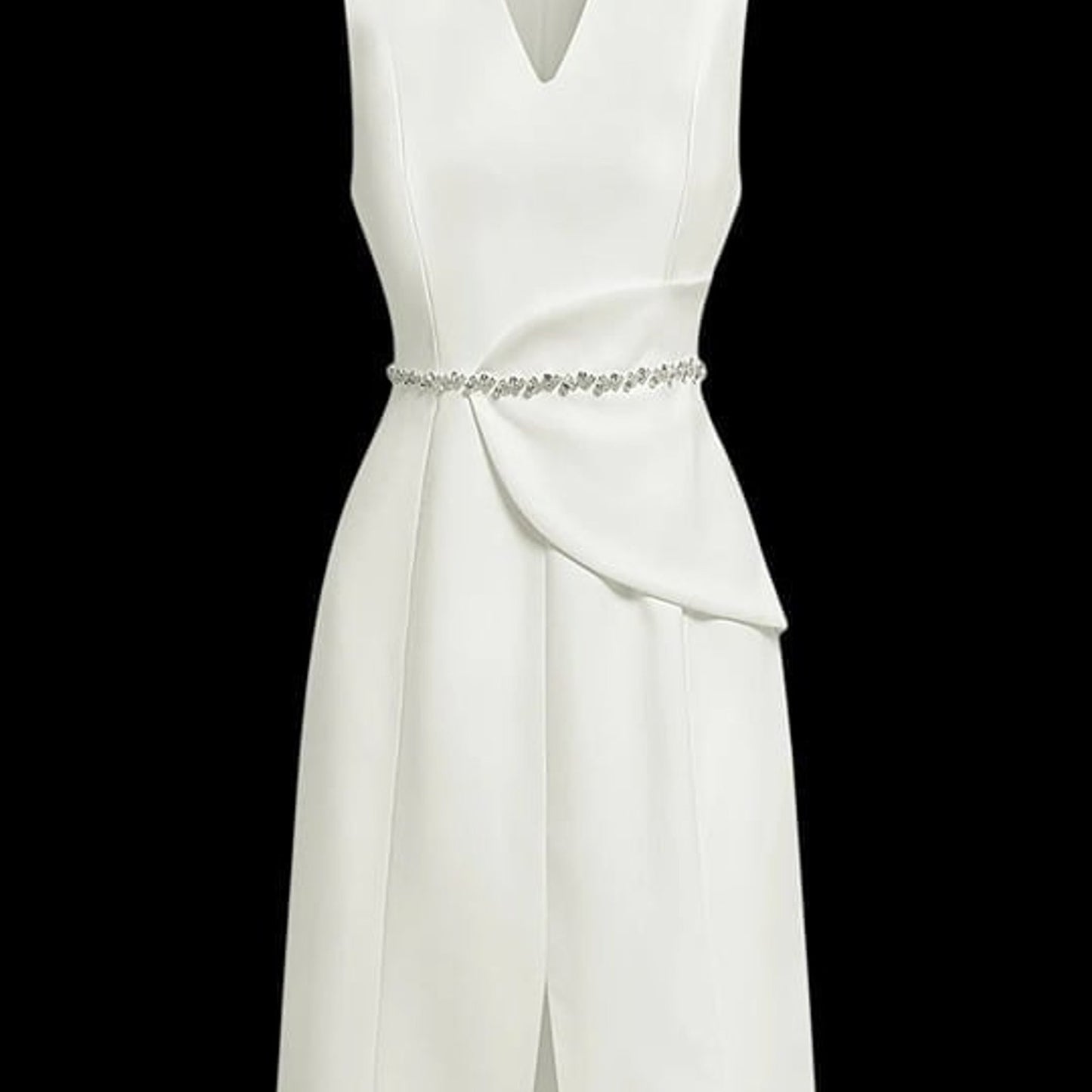 Fehaute-White V Neck Sleeveless Rhinestone A-Line Midi Dress