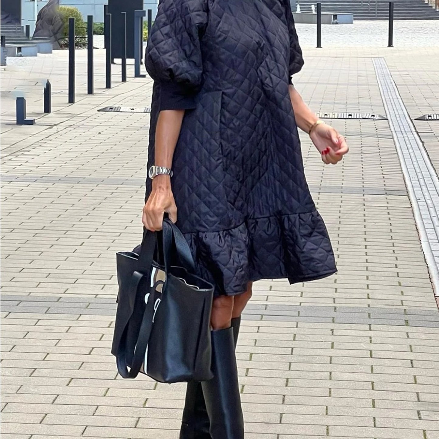 BP Black Quilted Dress with Black Leather Tote
