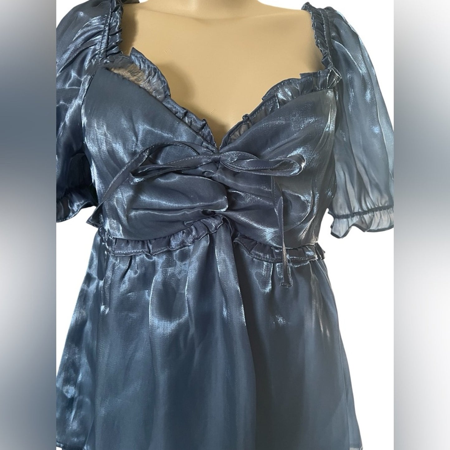 Blue Midi Dress with Ruffles and Flowy Silhouette
