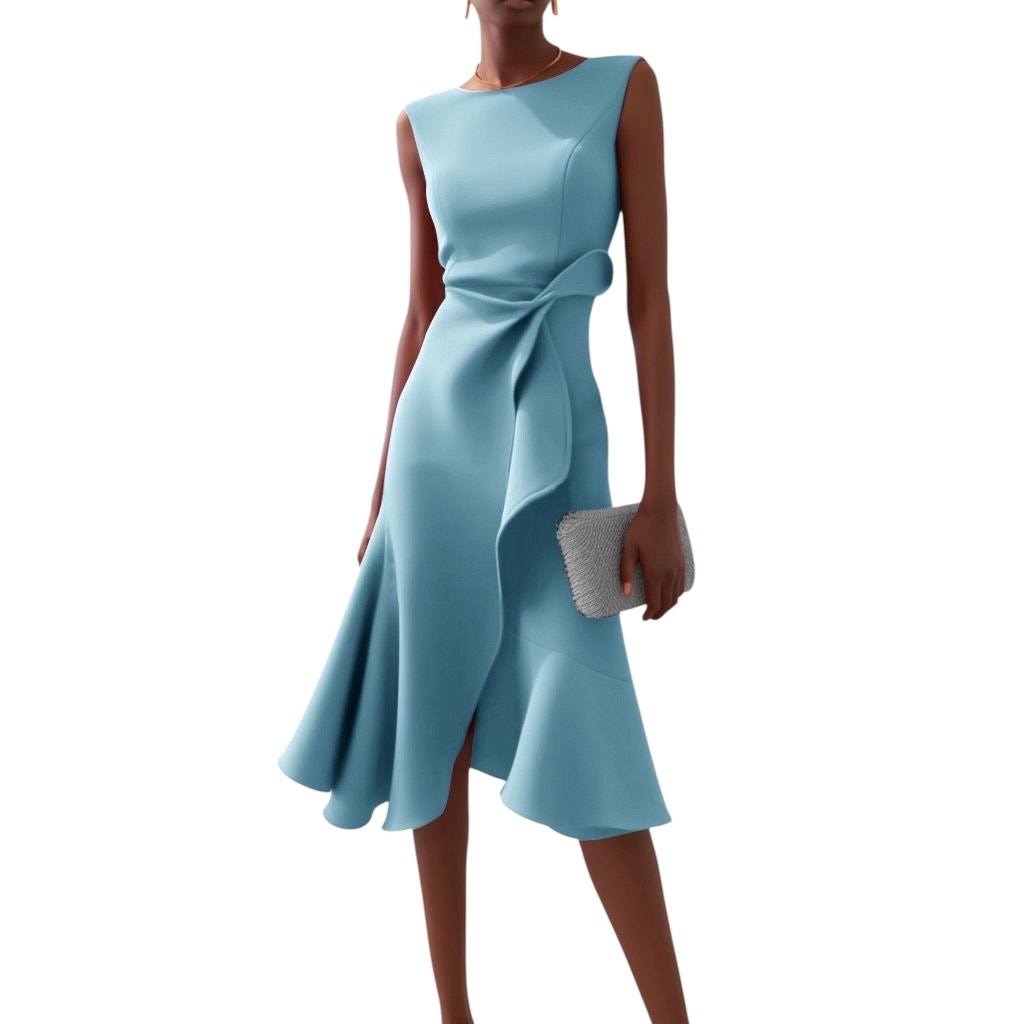 Fehaute-Light Blue Waist Twist Ruffled Sleeveless A-Line Midi Dress