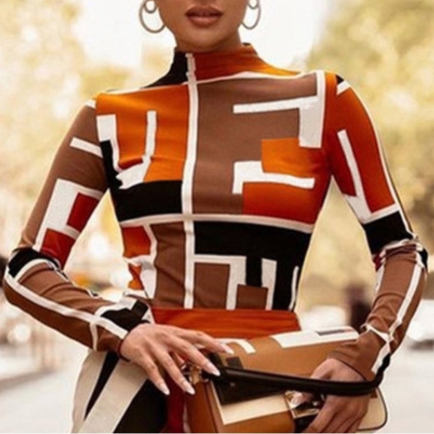 Geometric Patterned Dress in Brown and Orange