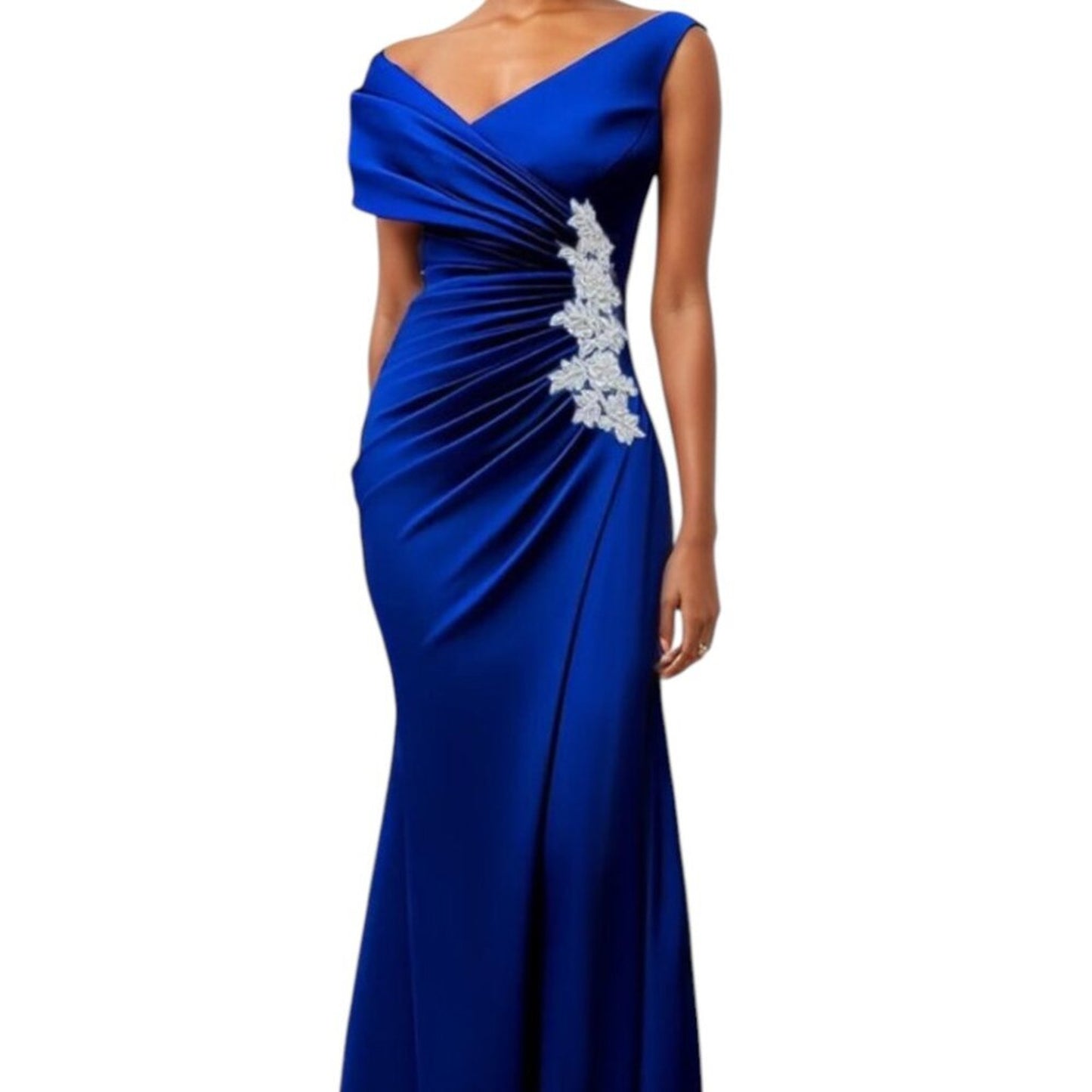 Elegant Evening Gown, Royal Blue, Mermaid Dress with Lace applique, V-Neck