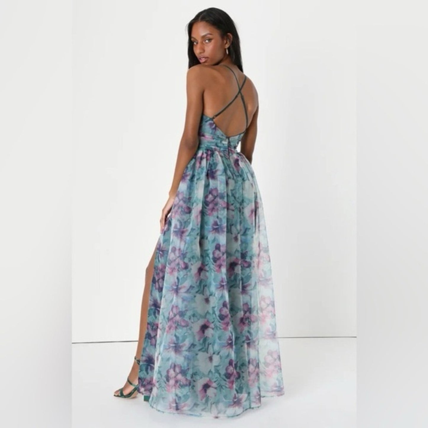 Lulu's Blue Slit Maxi Dress Plunge Neckline Sleeveless