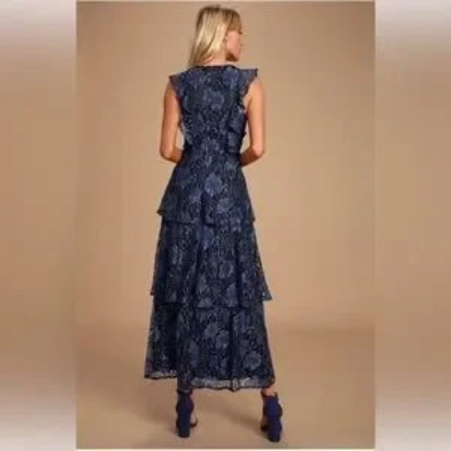 Lulu's Blue and Black Maxi Sundress with V-Neck and Flutter Sleeves