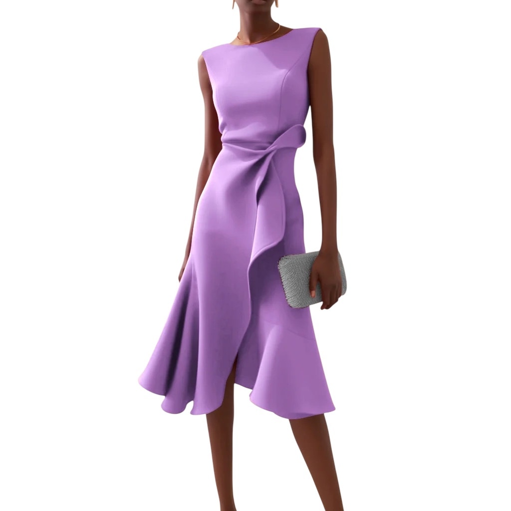 Light Purple Sleeveless Midi Elegant A-line Dress with Waist Twist for ZahiraBeautyCare Light Purple Sleeveless Midi Elegant A-line Dress with Waist Twist for ZahiraBeautyCare