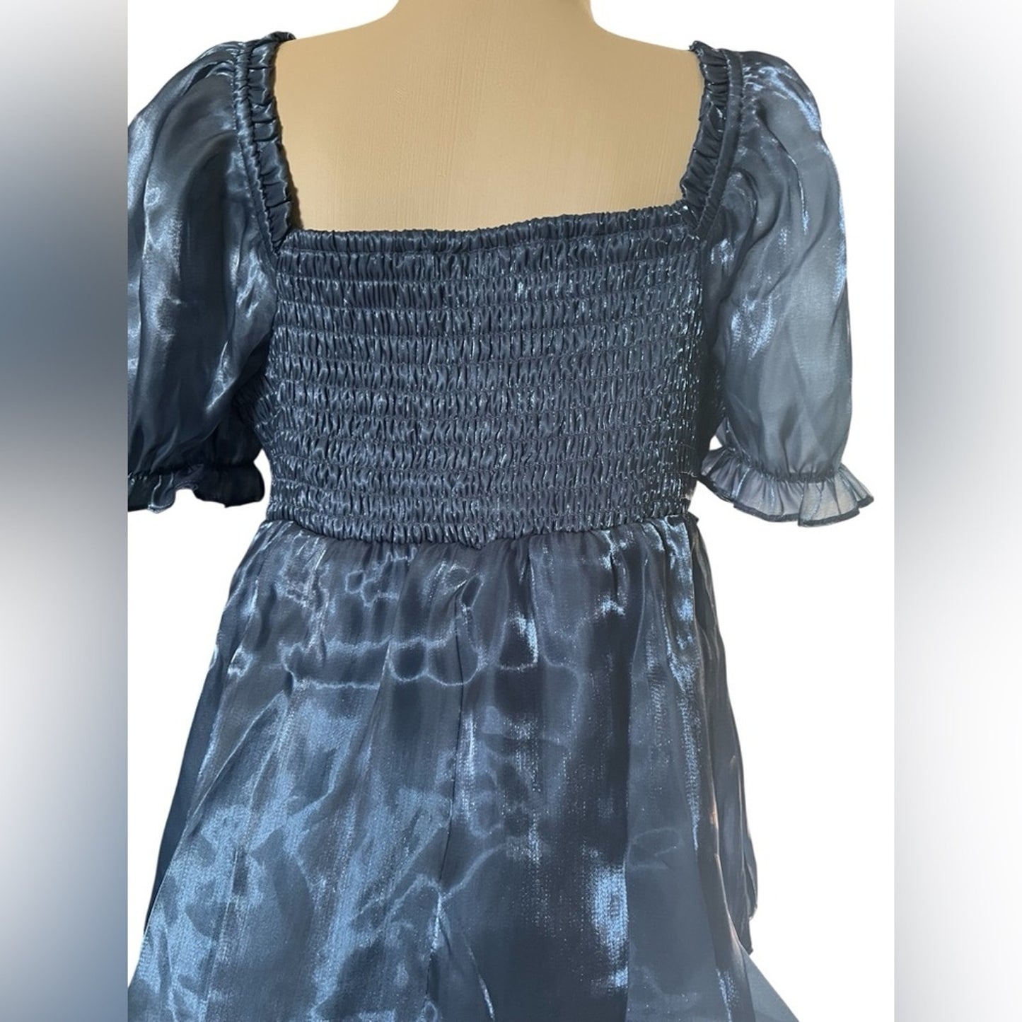 Blue Midi Dress with Ruffles and Flowy Silhouette