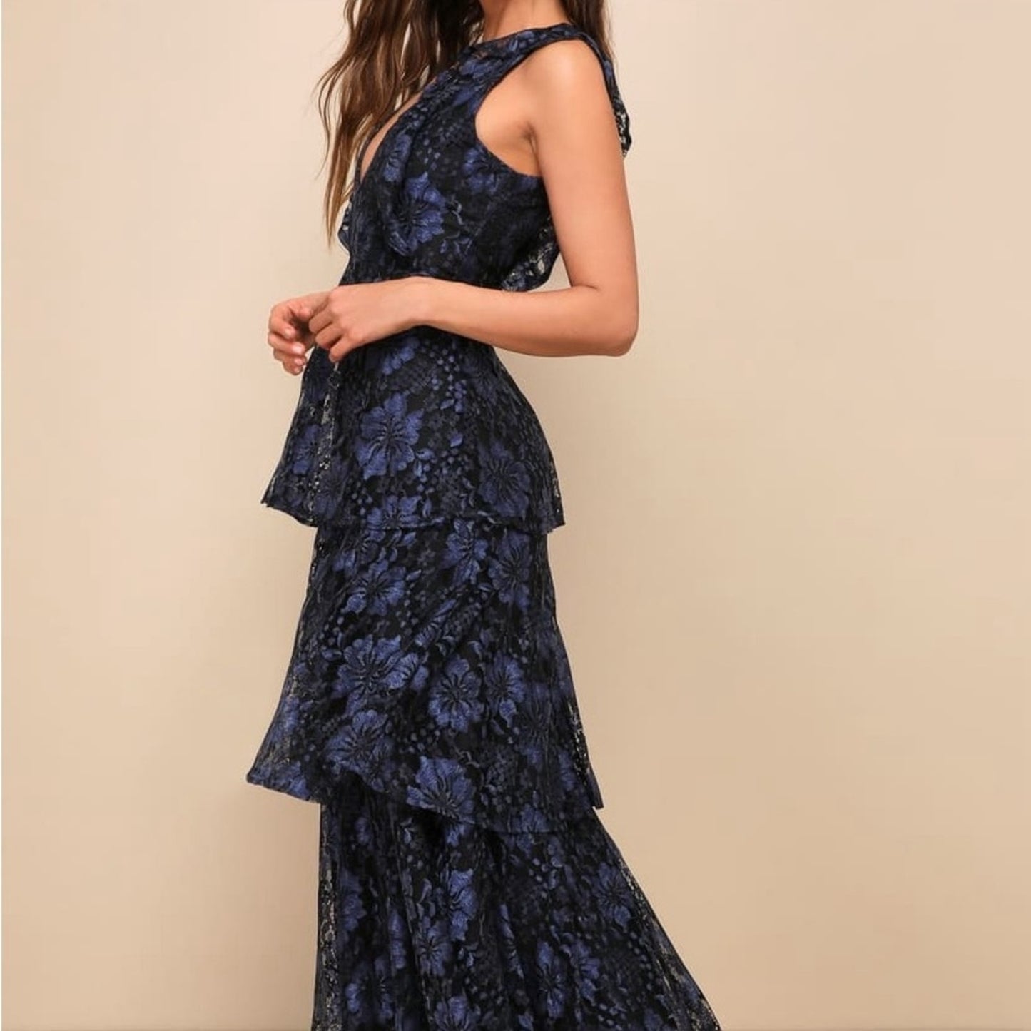 Lulu's Blue and Black Maxi Sundress with V-Neck and Flutter Sleeves