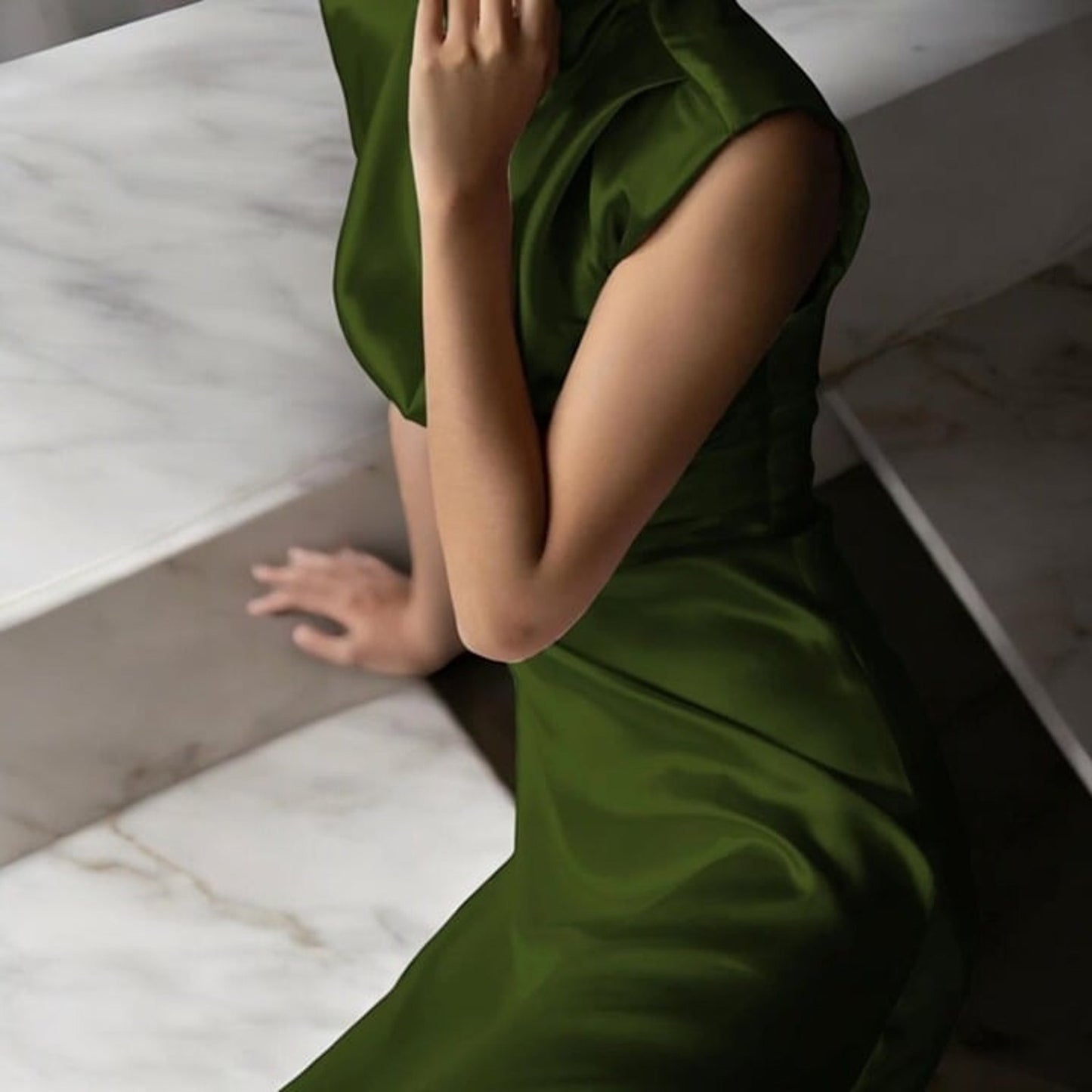 Copied - Fehaute-Champagne High Neck Satin Sleeveless A-Line Midi Dress Green