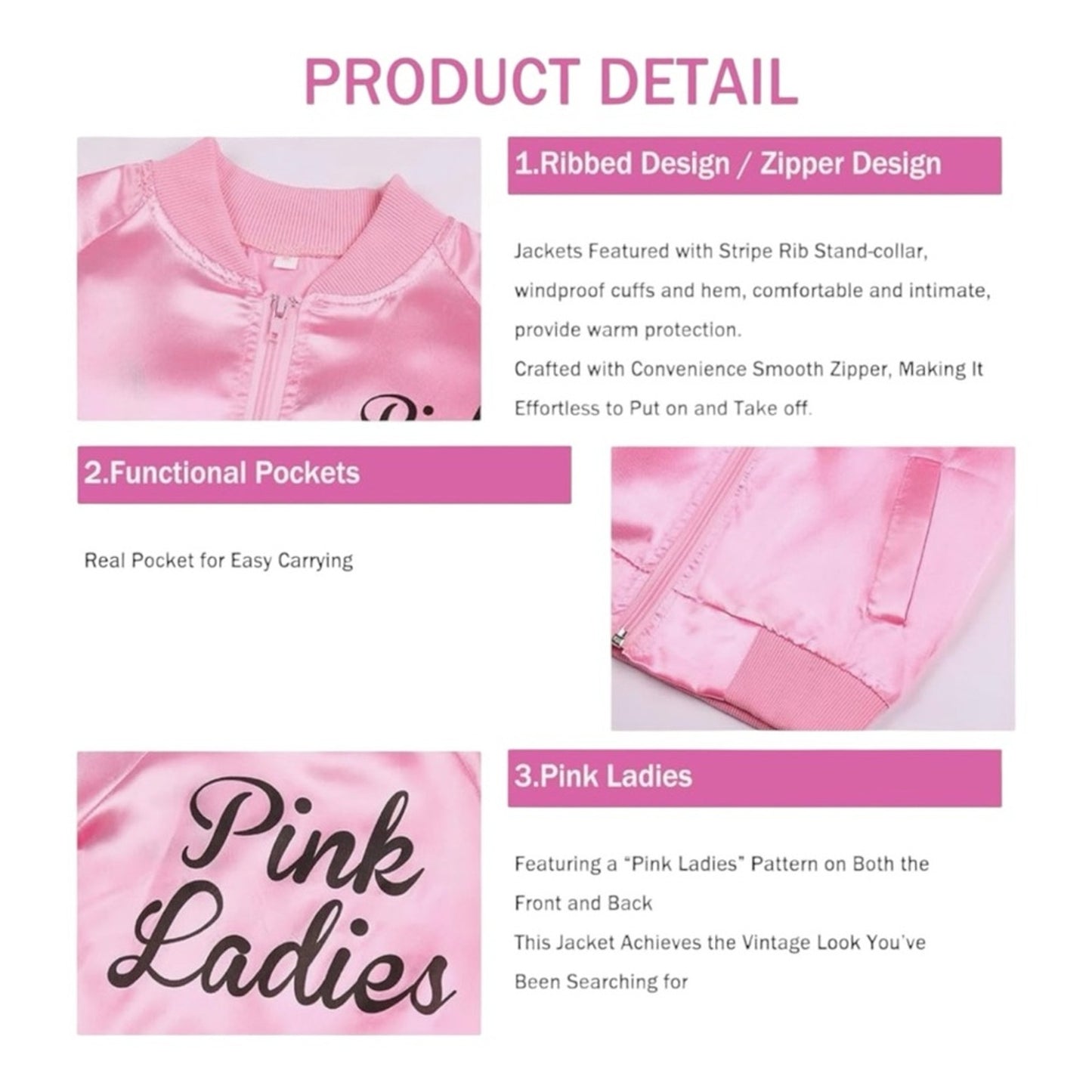 Pink Satin Jacket Grease Costume with Accessories 10pc