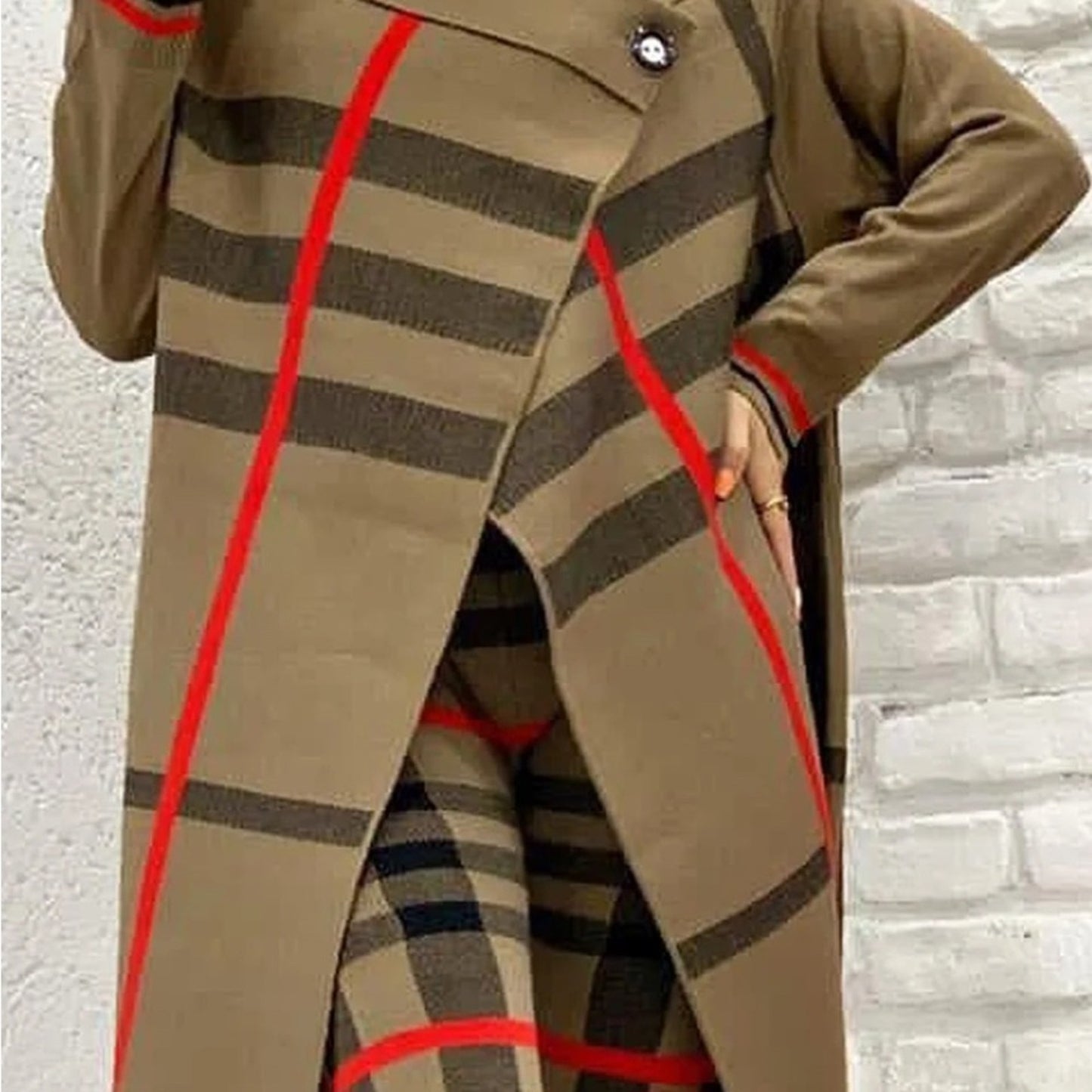 Stylish Brown Plaid Coat with Red Accents