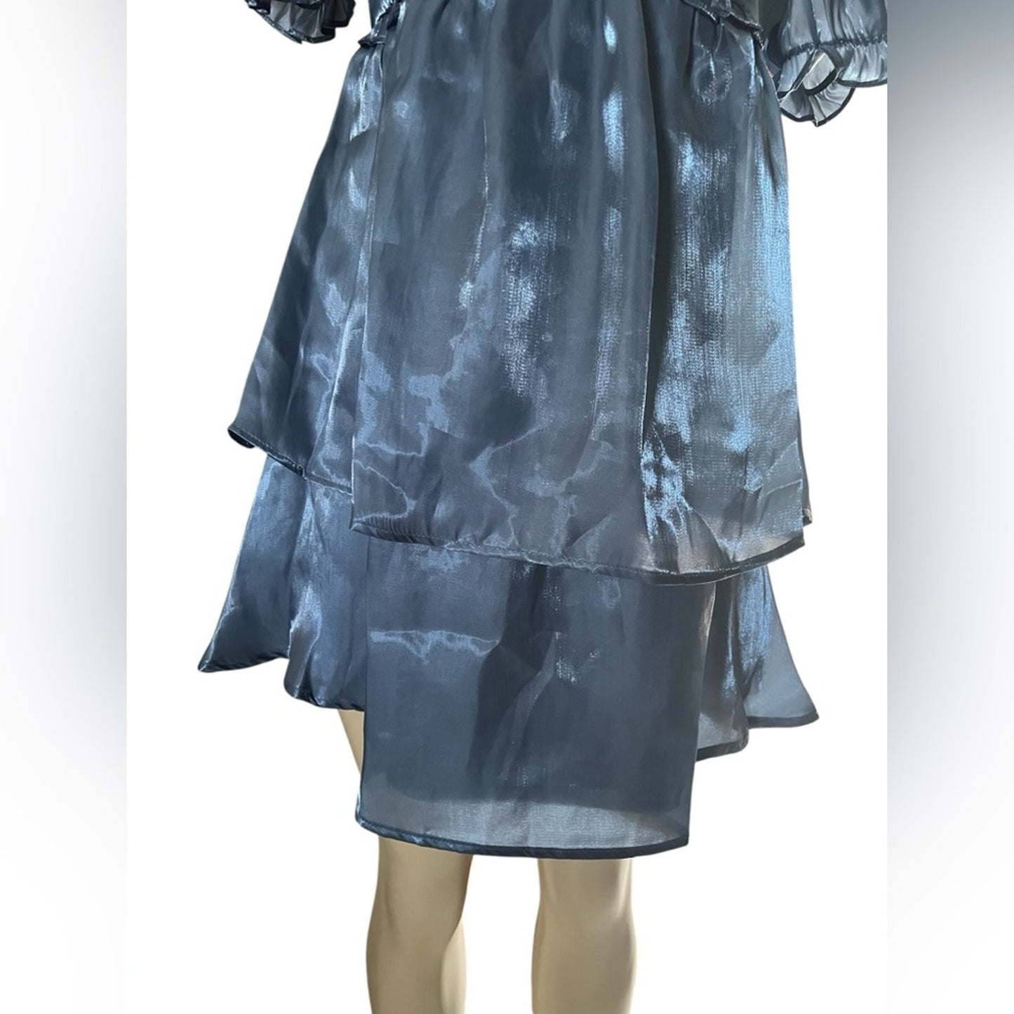 Blue Midi Dress with Ruffles and Flowy Silhouette