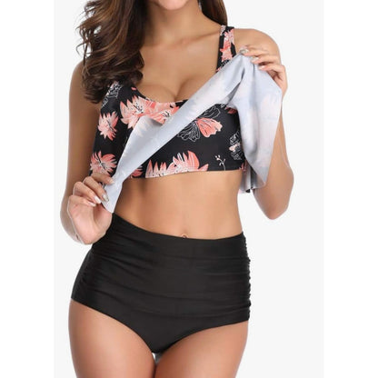 Women's 2-piece floral print bikini set with ruffles, high waist, and tummy control