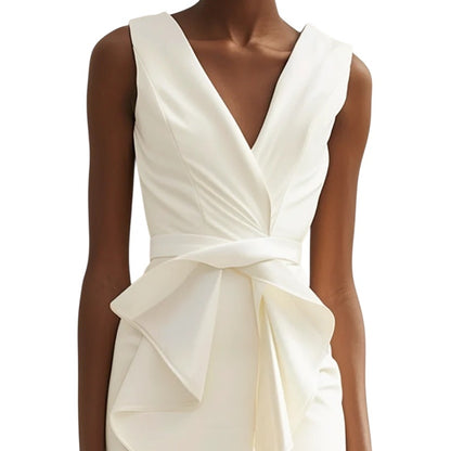 White V Neck Sleeveless Sheath MidiDress