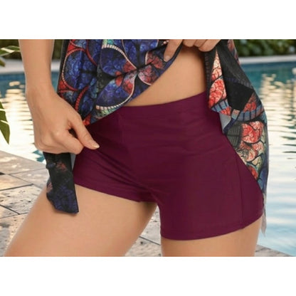 Women's Burgundy Stained Glass Pattern Halter Swim Dress Set