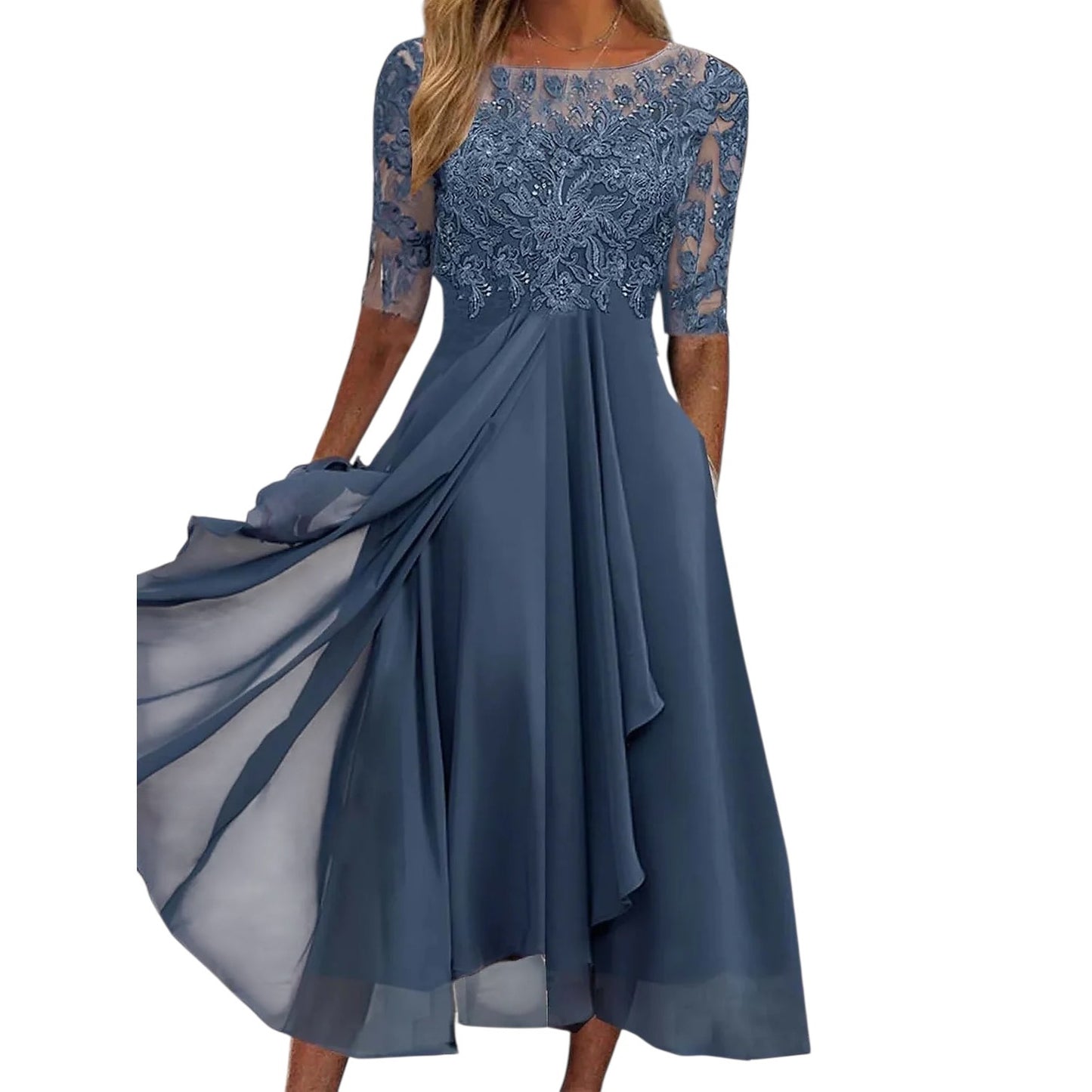 Dusty Blue Lace /Chiffon Dress with Half Sleeves