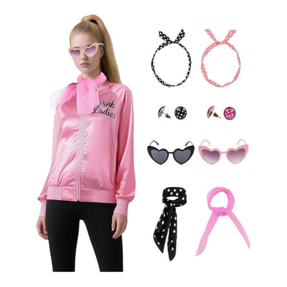 Pink Satin Jacket Grease Costume with Accessories 10pc