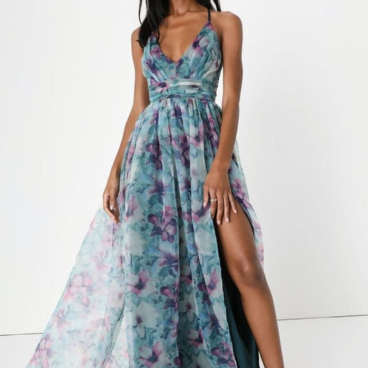 Lulu's Blue Slit Maxi Dress Plunge Neckline Sleeveless