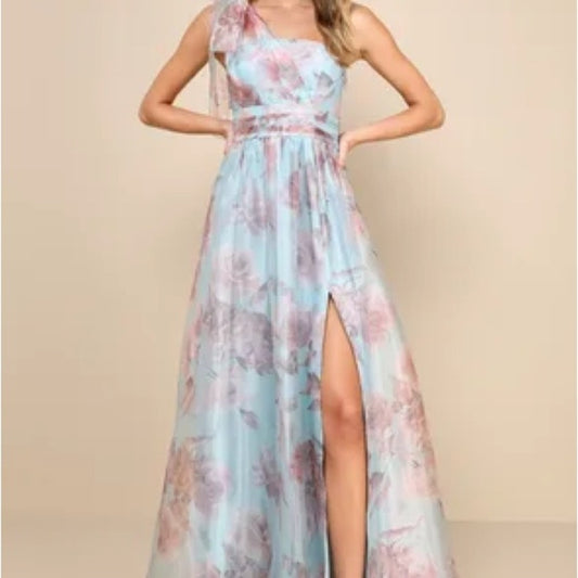 Lulu's Blue and Pink One-Shoulder Slit Maxi Gown