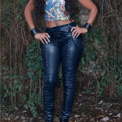 Stylish Blue Faux Leather Pants with Stud Details