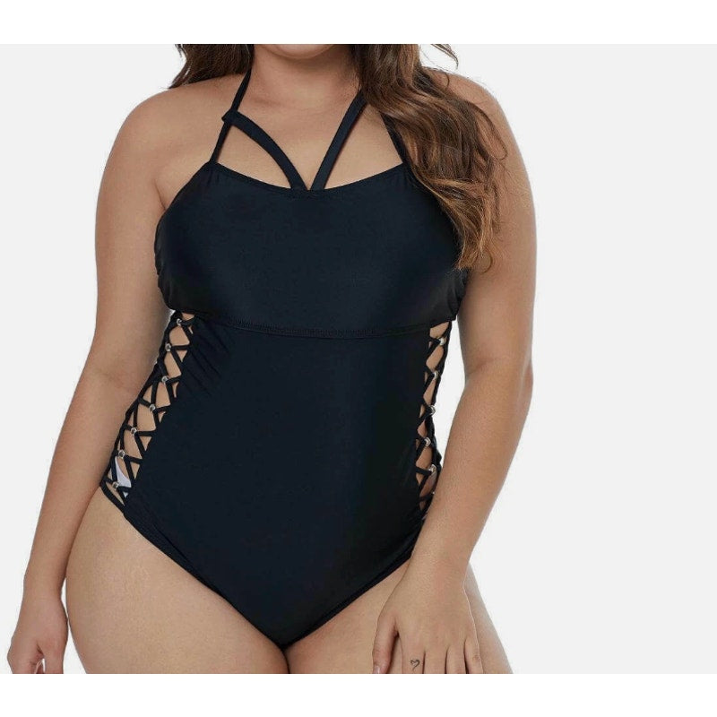 Womens Black Strappy Cut Out Swimwear Swimmers One Piece Togs