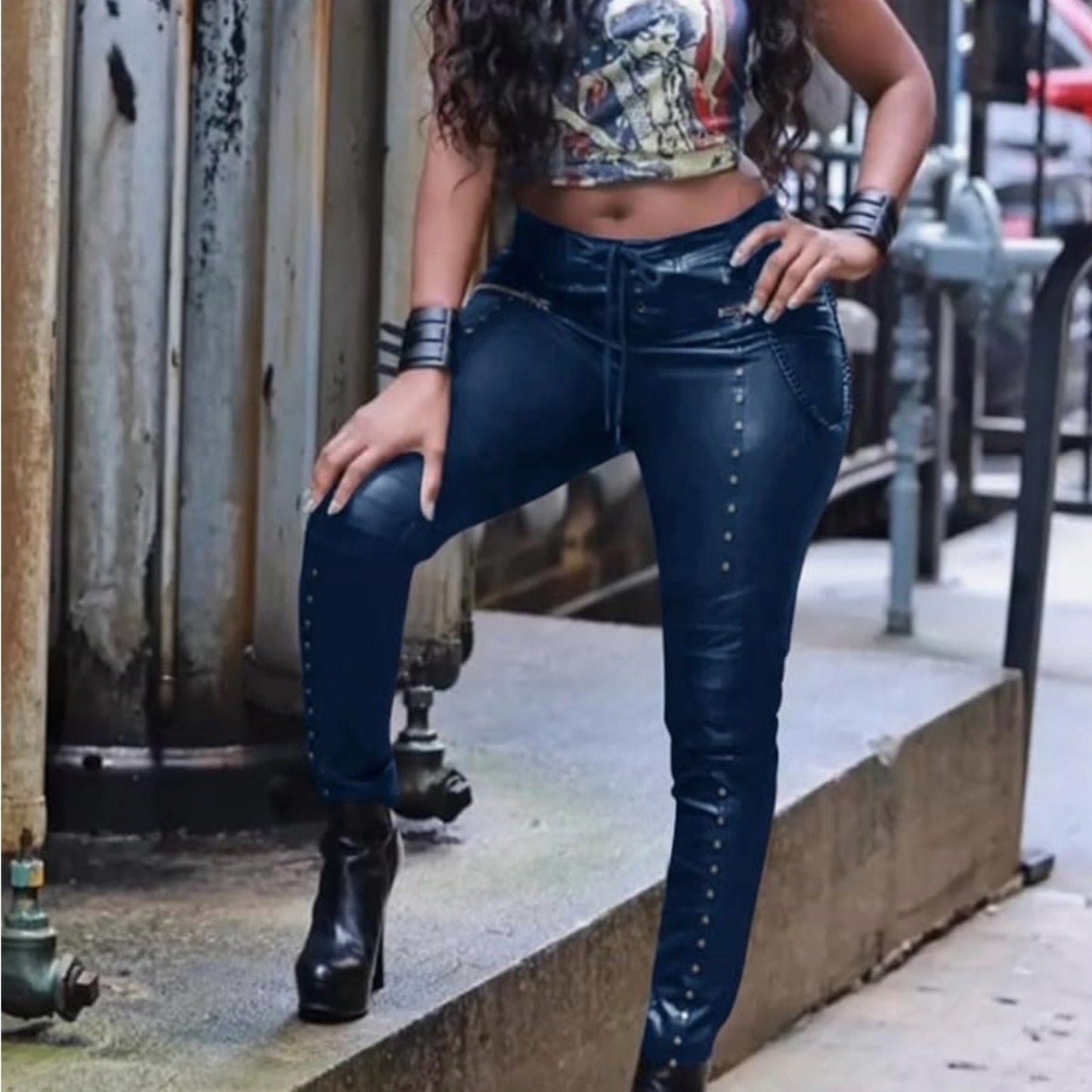 Stylish Blue Faux Leather Pants with Stud Details
