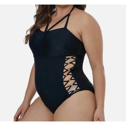 Womens Black Strappy Cut Out Swimwear Swimmers One Piece Togs