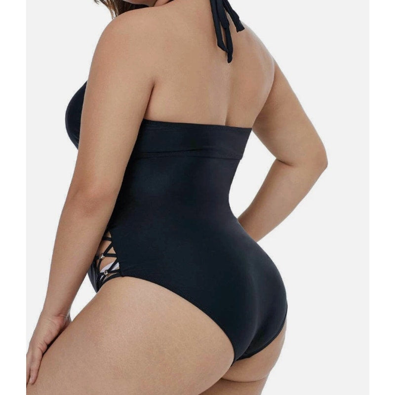 Womens Black Strappy Cut Out Swimwear Swimmers One Piece Togs
