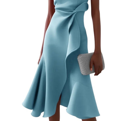 Fehaute-Light Blue Waist Twist Ruffled Sleeveless A-Line Midi Dress