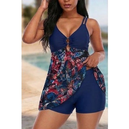 Poolside Elegance: Asymmetric Mosaic Print Swim Dress Set