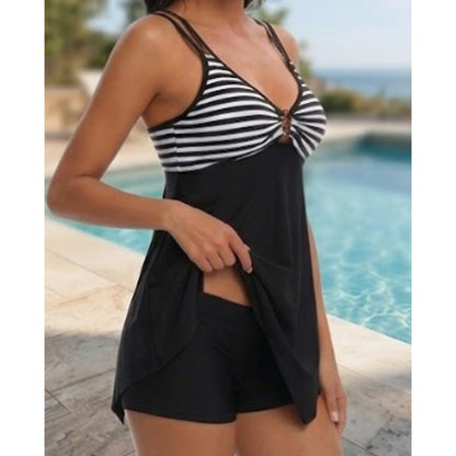 Classic Monochrome Striped Tankini with Handkerchief Hem
