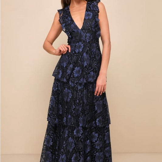 Lulu's Blue and Black Maxi Sundress with V-Neck and Flutter Sleeves