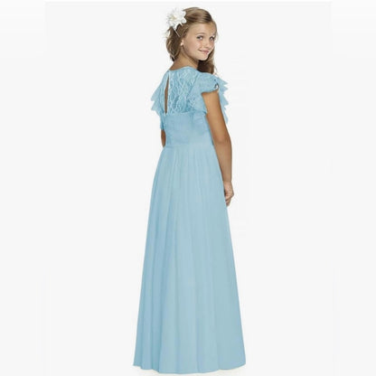 Light Blue Lace Ruffle Sleeve Dress