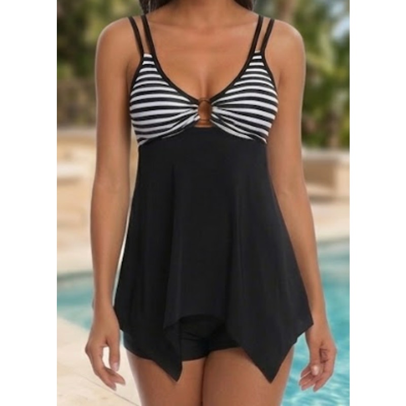Classic Monochrome Striped Tankini with Handkerchief Hem