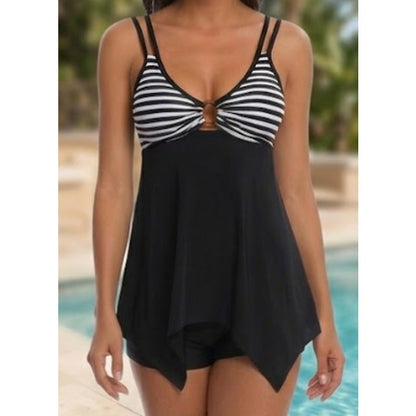 Classic Monochrome Striped Tankini with Handkerchief Hem
