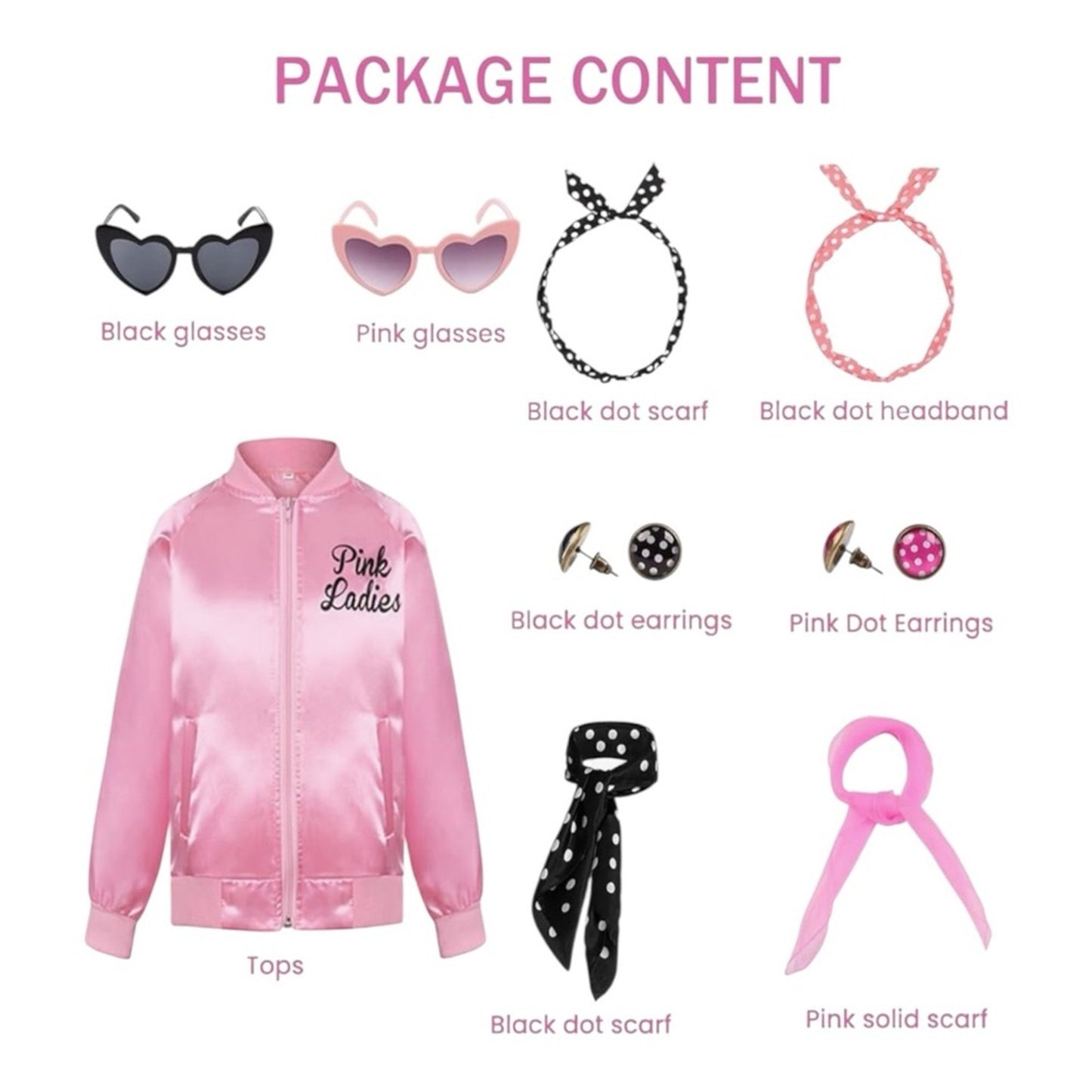 Pink Satin Jacket Grease Costume with Accessories 10pc