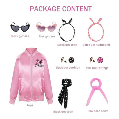 Pink Satin Jacket Grease Costume with Accessories 10pc