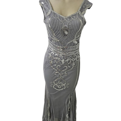 Elegant Silver Embellished Evening Gown