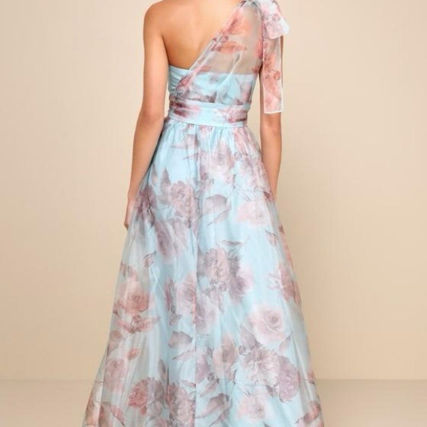 Lulu's Blue and Pink One-Shoulder Slit Maxi Gown
