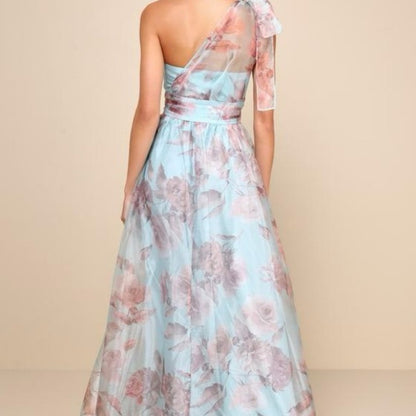 Lulu's Blue and Pink One-Shoulder Slit Maxi Gown
