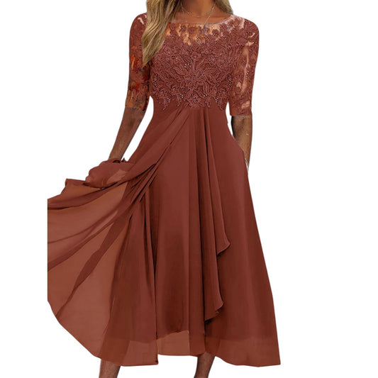 Burnt Orange Lace /Chiffon Dress with Half Sleeves