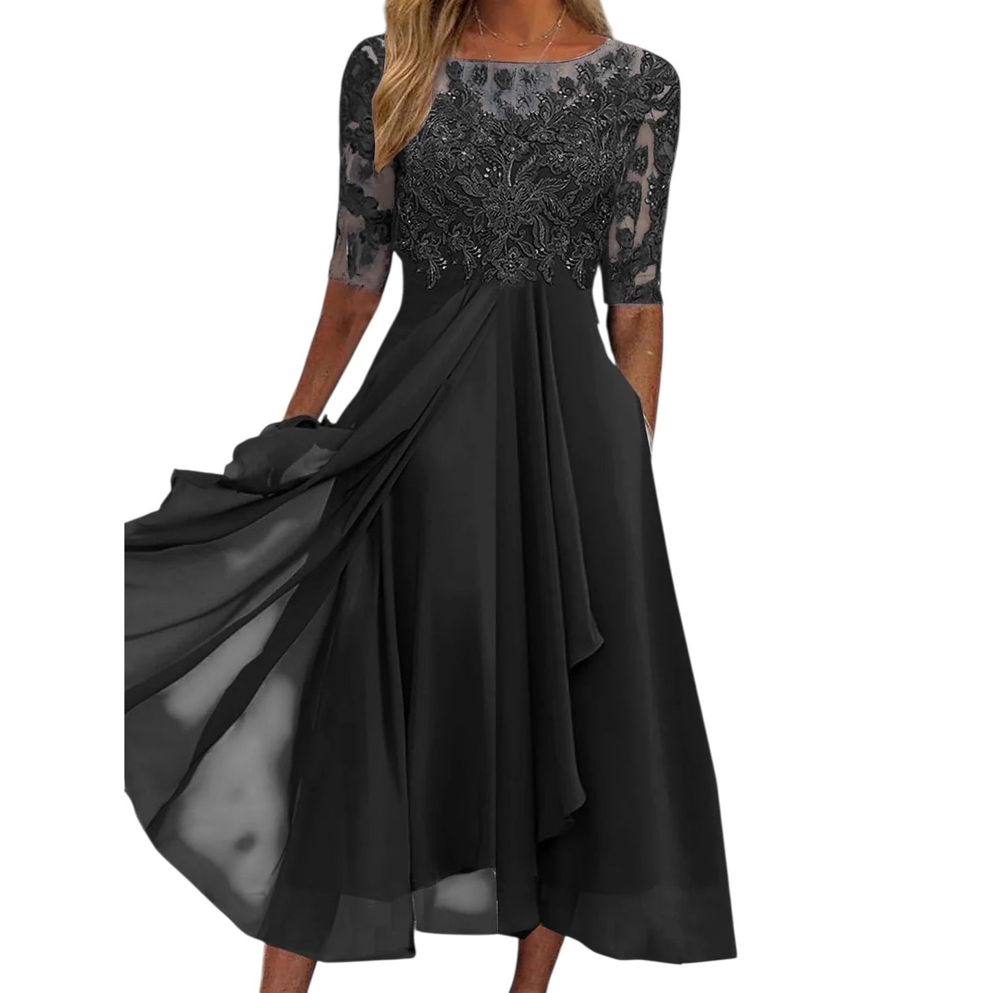 Black Lace /Chiffon Dress with Half Sleeves