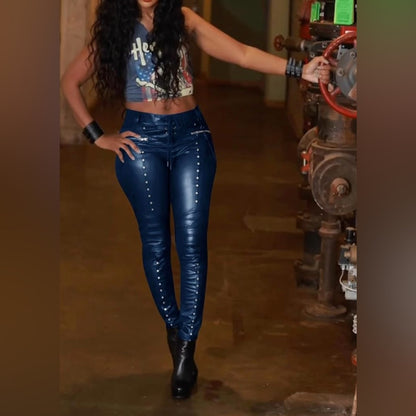 Stylish Blue Faux Leather Pants with Stud Details