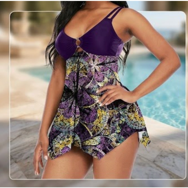 Women's Purple Geometric Mosaic Swimsuit Set