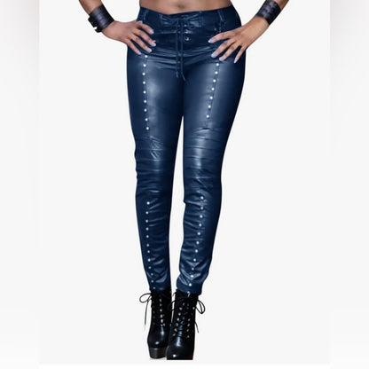 Stylish Blue Faux Leather Pants with Stud Details