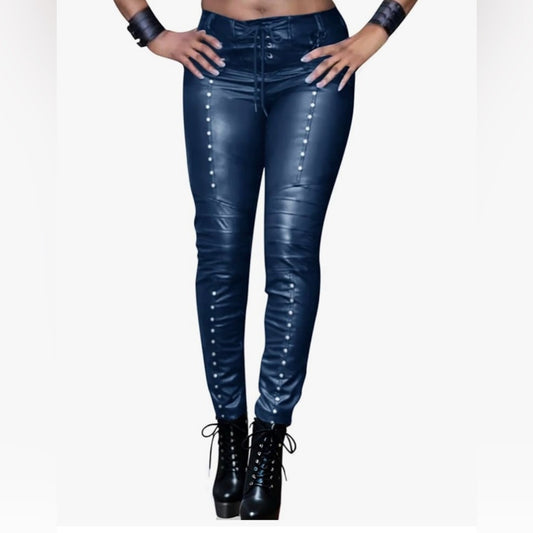 Stylish Blue Faux Leather Pants with Stud Details