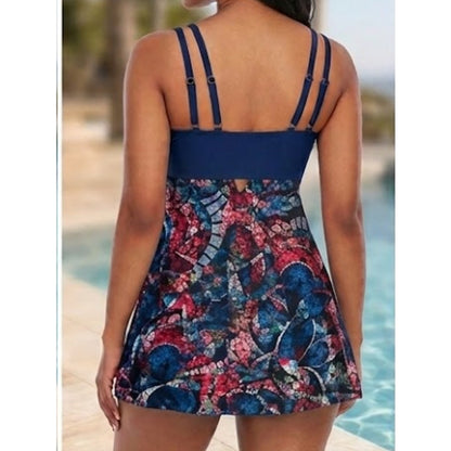 Poolside Elegance: Asymmetric Mosaic Print Swim Dress Set